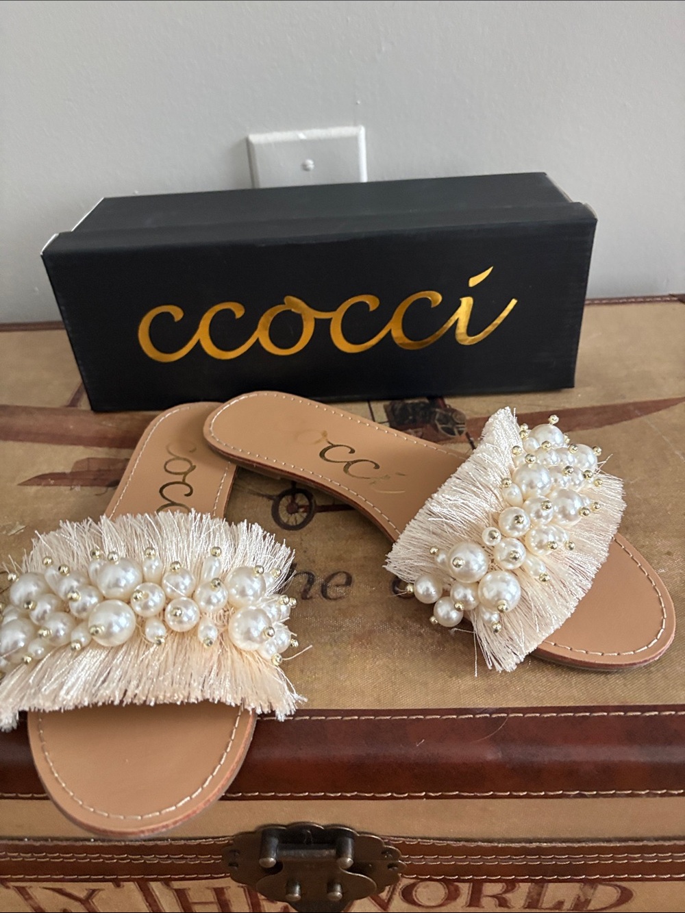 CCOCCI Pearl Fringe Slide Sandals in Ivory-Tan